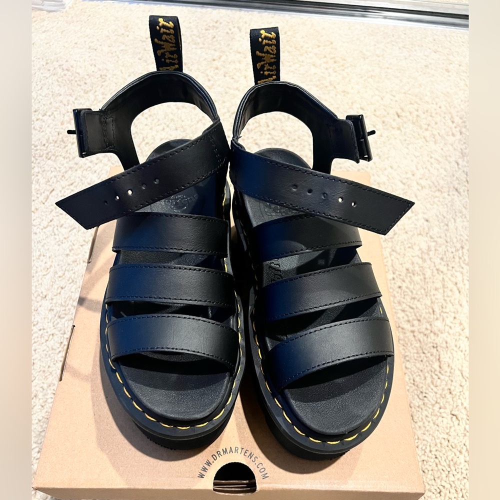 Dr. Martens Black Leather Strappy Platform Sandals with Yellow Stitching